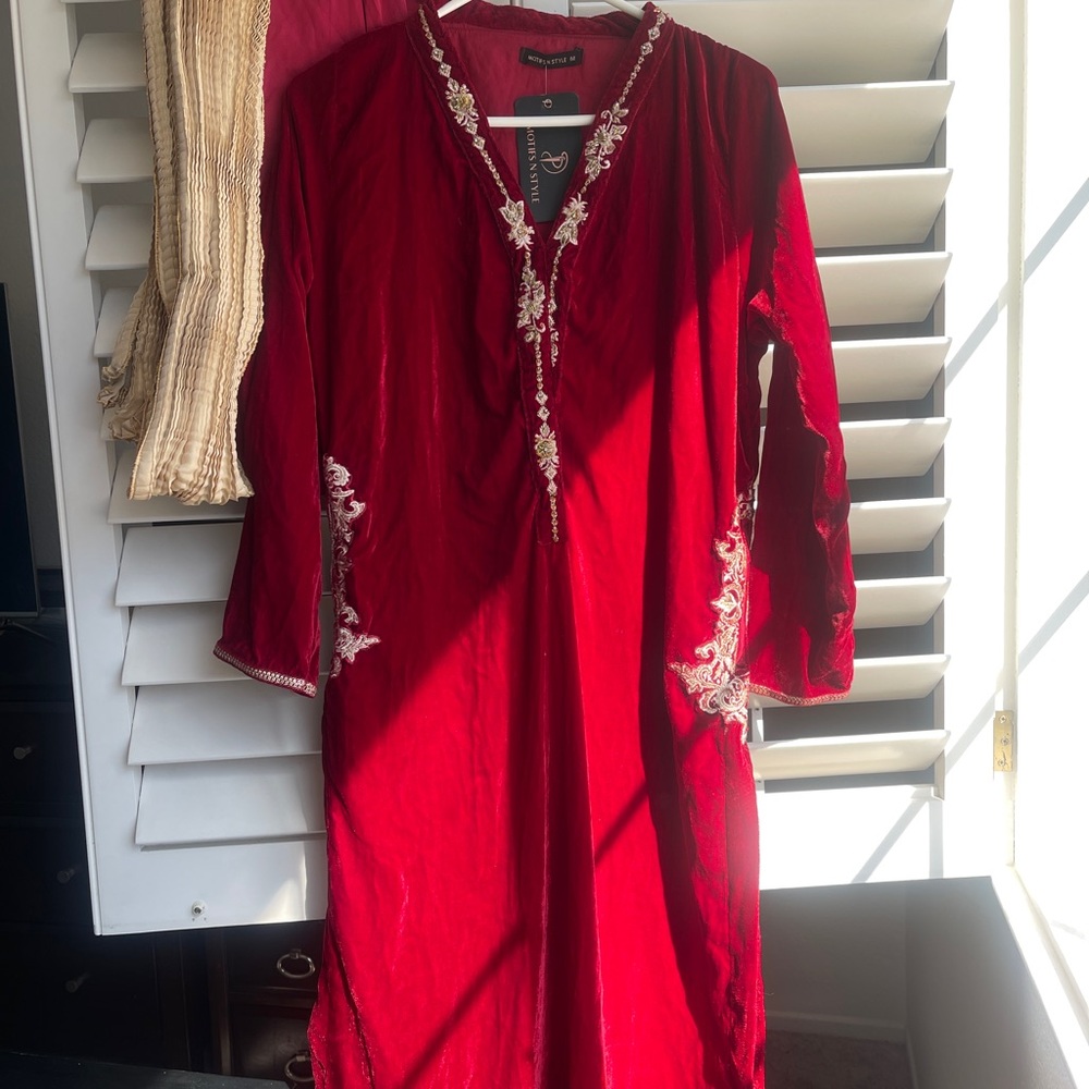 Elegant Red Velvet Embroidered Dress